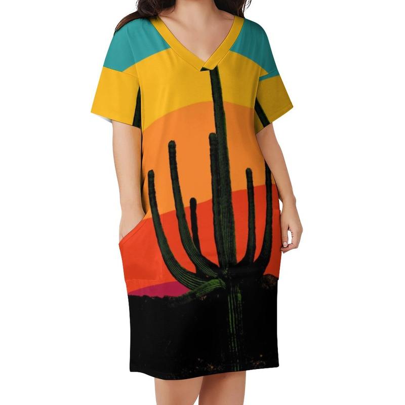 

Plus Size Dresses Cartoon Desert Casual Dress Womens Retro Cactus Sunset Cute Summer Short Sleeve Basic Print 3XL 4XLPlus, Style-9
