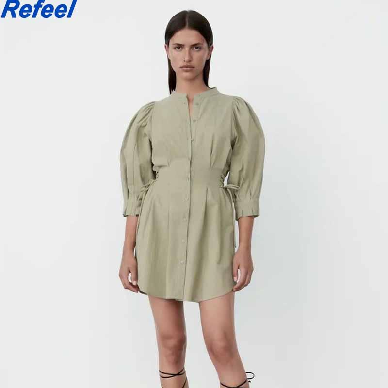 

Casual Dresses Women Chic Fashion Pleated Fitted Mini Shirt Dress Vintage Long Sleeve Button-up Female Vestidos Mujer, Black;gray