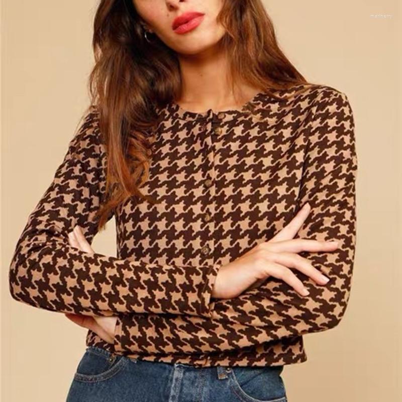 

Women's Knits & Tees Houndstooth Jacquard Women Knit Cardigan Single-Breasted Long Sleeve O-Neck Short Sweater Retro Outwear TopsWomen's Mar, Top