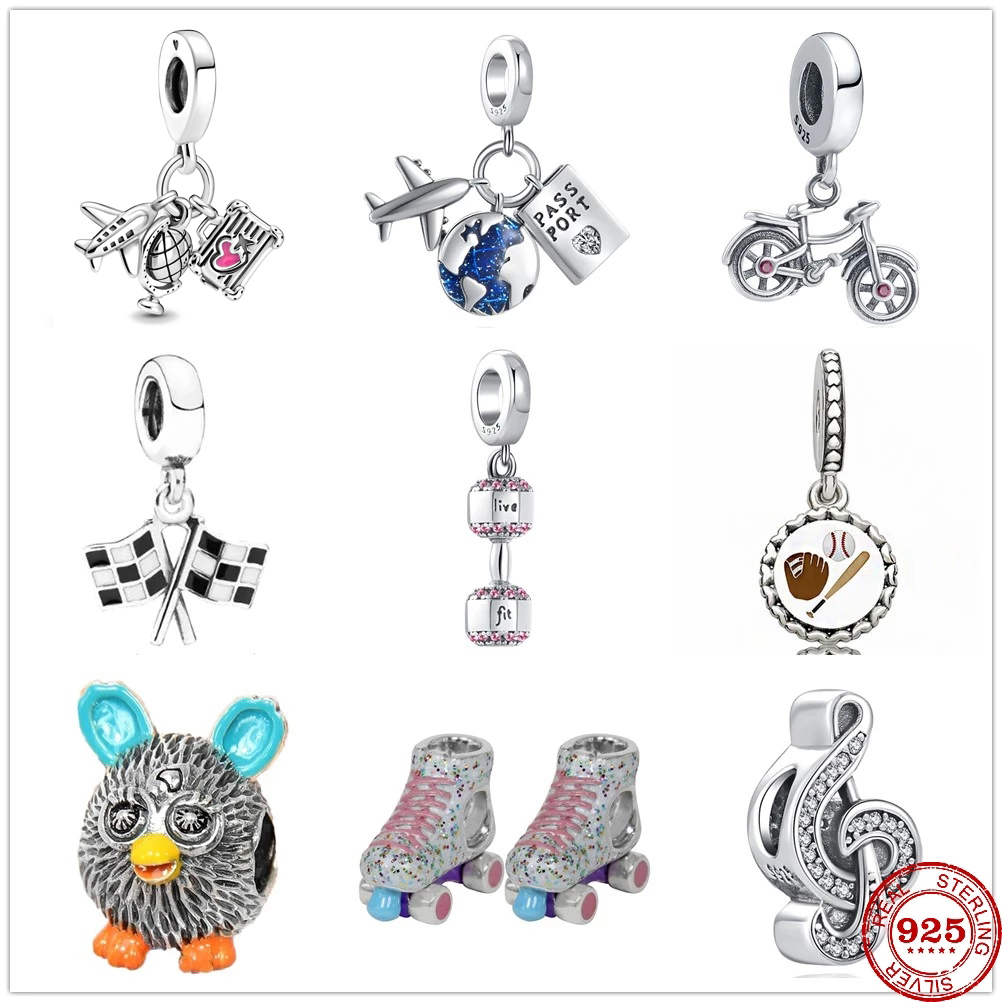 925 Sterling Silver Dangle Charm New Colorful Zircon Bicycle Dumbbell Roller Pendant Beads Bead Fit Pandora Charms Bracelet DIY Jewelry Accessori