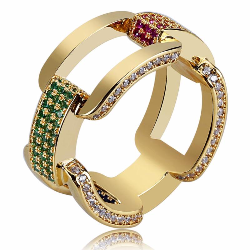 

Cluster Rings Exquisite Cuban Link CZ Ring For Men Women Colored Cubic Zirconia Bling Iced Out Hip Hop Rapper Lovers Fashion JewelryCluster