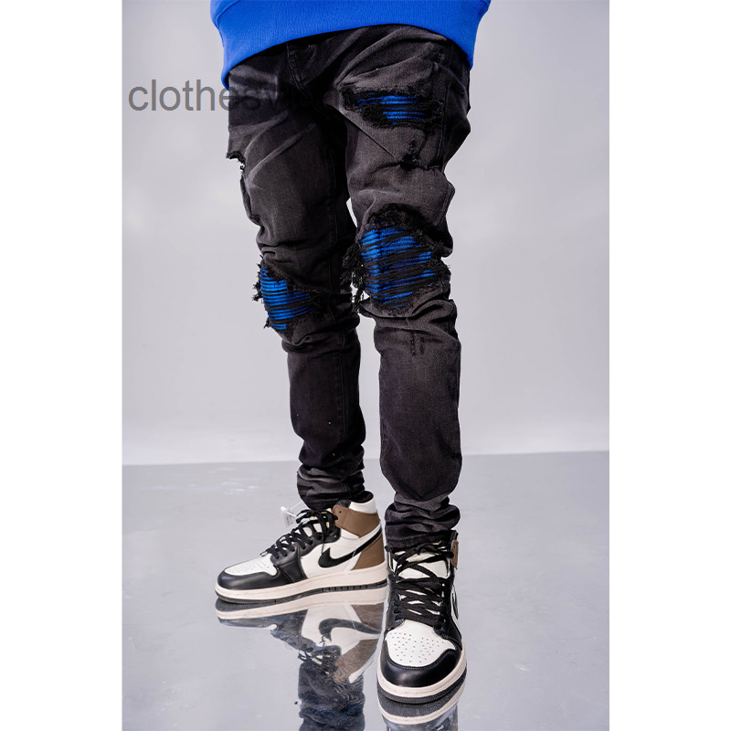 

Amirs 2022 Jeans Ch Designer Street Brand Washing Water Used Black Hole Blue Patch Slim Fit Elastic Small Foot Men