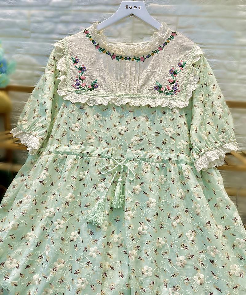 

Casual Dresses Green Embroidery Cotton And Linen Dress Round Collar Loose Short Sleeves Summer Midi DressCasual