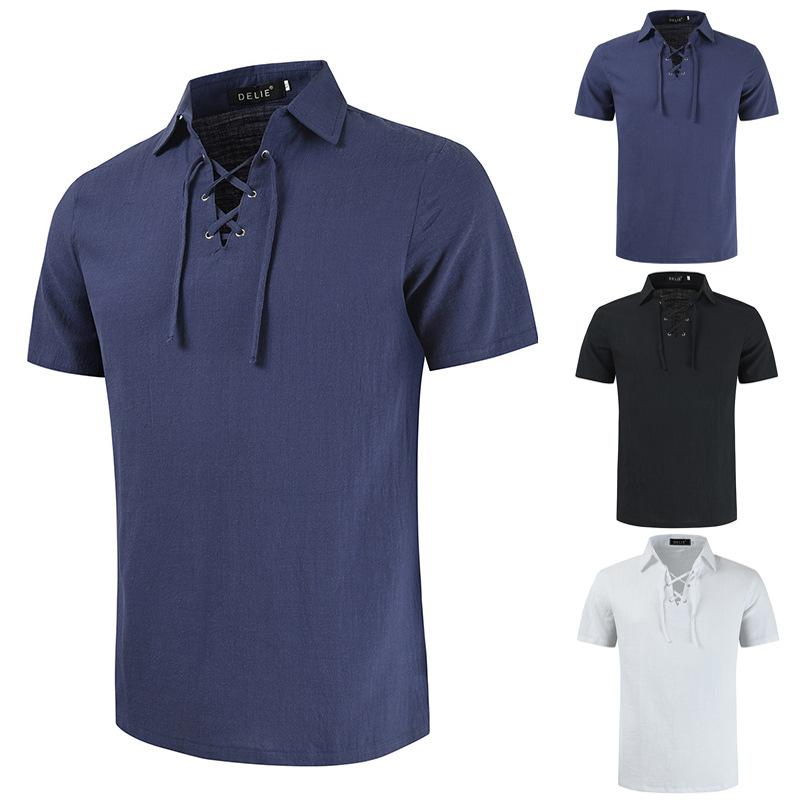 

Men's Casual Shirts Summer Short Sleeve Men's Solid Color Personality Tie Fashion Lapel Cotton Linen ShirtsMen's, White