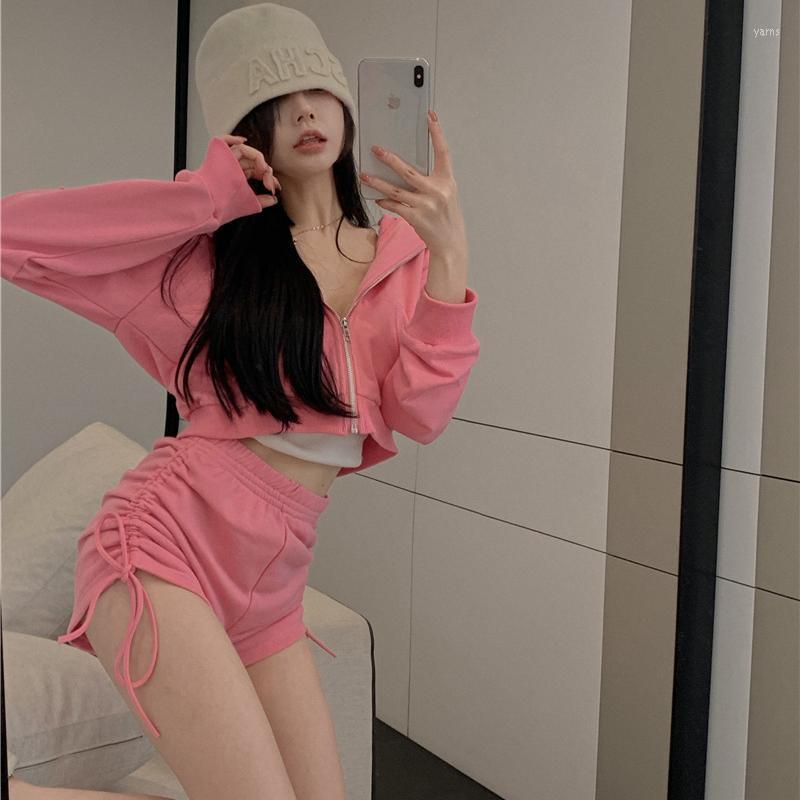 

Women's Tracksuits 2022 Fashion Clothing Early Autumn Long Sleeve Hooded Sweatshirts Zipper Coat Korean Shorts Women Two-piece Suit Ins, Pink
