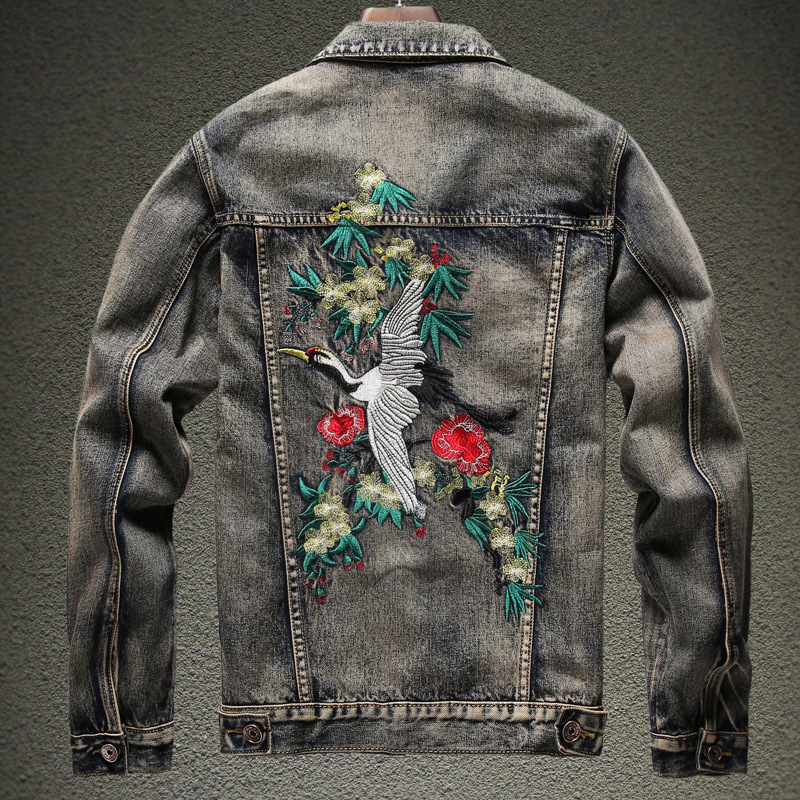 

Men's Classic Ripped Distressed Jackets Button Front Embroidery Back Casual Denim Jean Trucker Jacket, As the pictured