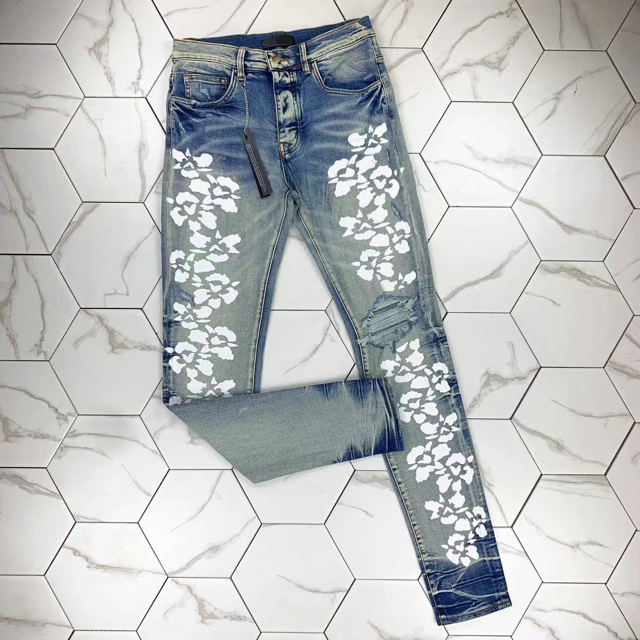 

HM551 blue High quality Mens jeans Distressed Motorcycle biker jean Rock Skinny Slim Ripped hole stripe Fashionable snake embroidery Denim pants