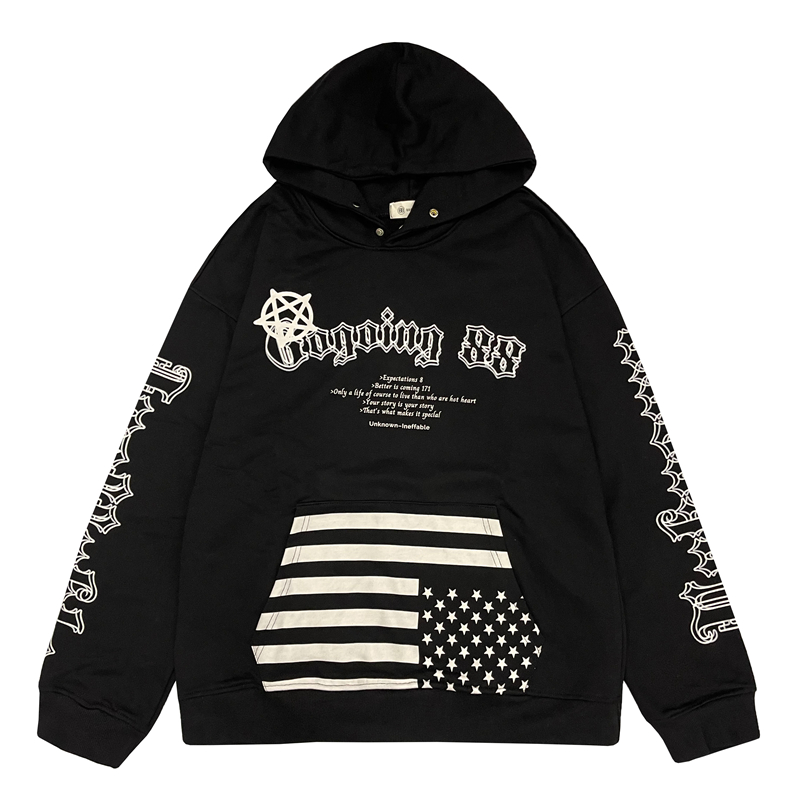 

Autumn Winter Terry Patchwork Letter Striped Men's Hooded Hoodie Pullover Baggy Casual Sweatshirts, Black