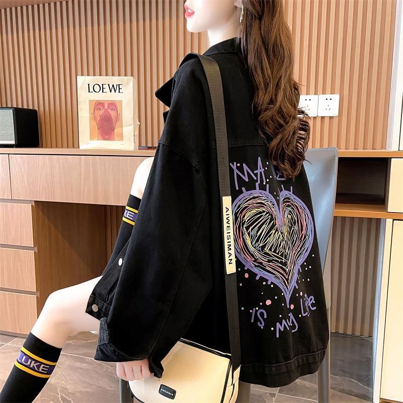 

Women's Jackets 2022 Spring And Autumn Denim Jacket Y2K Love Letter Print Loose Style Design Korean Fashion Casual Cowboy Outwear, Black