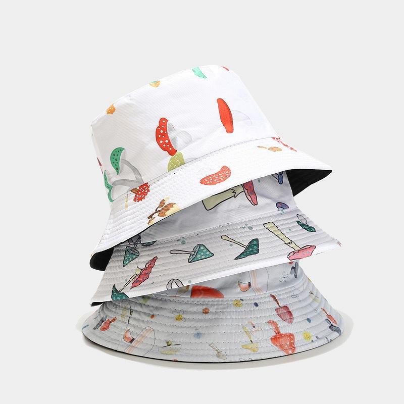 

Berets Summer Fisherman Hat Mushroom Print Reversible Bucket Hats For Women Men Hip Hop Cap Vintage Fishing HatBerets