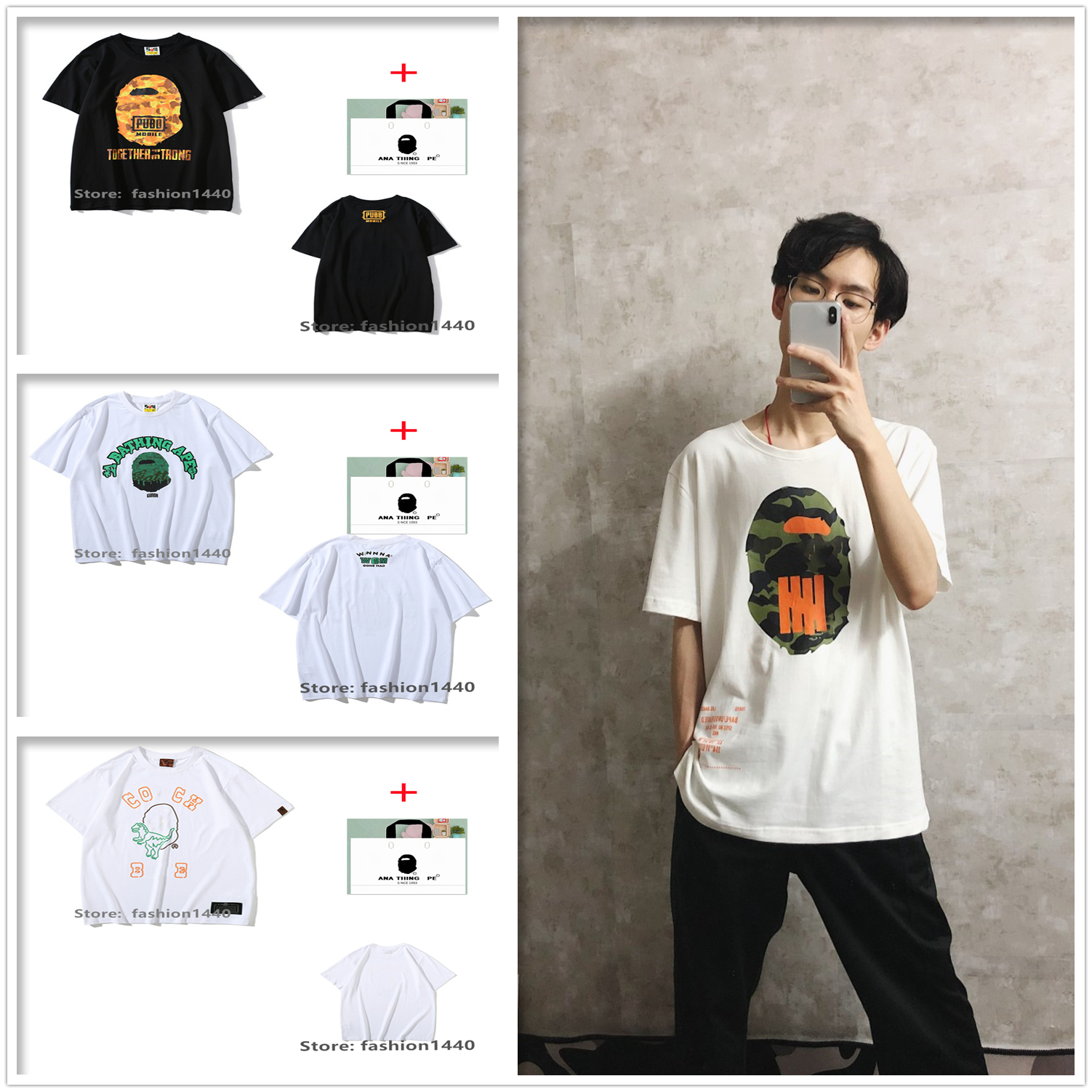 

apes Men t shirt high quality women short-sleeved T-shirt Japanese tide brand camouflage starry night light cartoon shark letter printing with tote bag E11, 1 pcs button