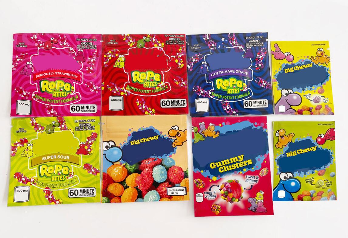 

In Stock Square rope Bites mylar bags 4 types empty Gummy package bag plastic smell proof baggie 600mg edible packaging coo kie runtz Zipper mylar baggies sg