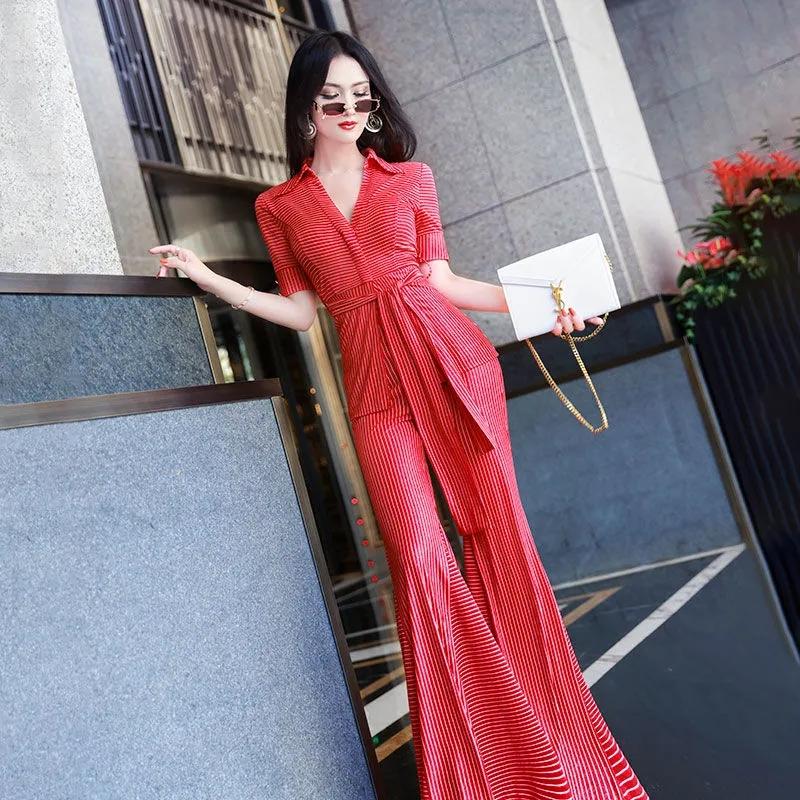 

Women' Two Piece Pants Lady Pieces Suits 2022 Summer Western Style Women 2 Short Sleeve Striped Top Coat Blouse Long Flare Pant Trousers Se, Red
