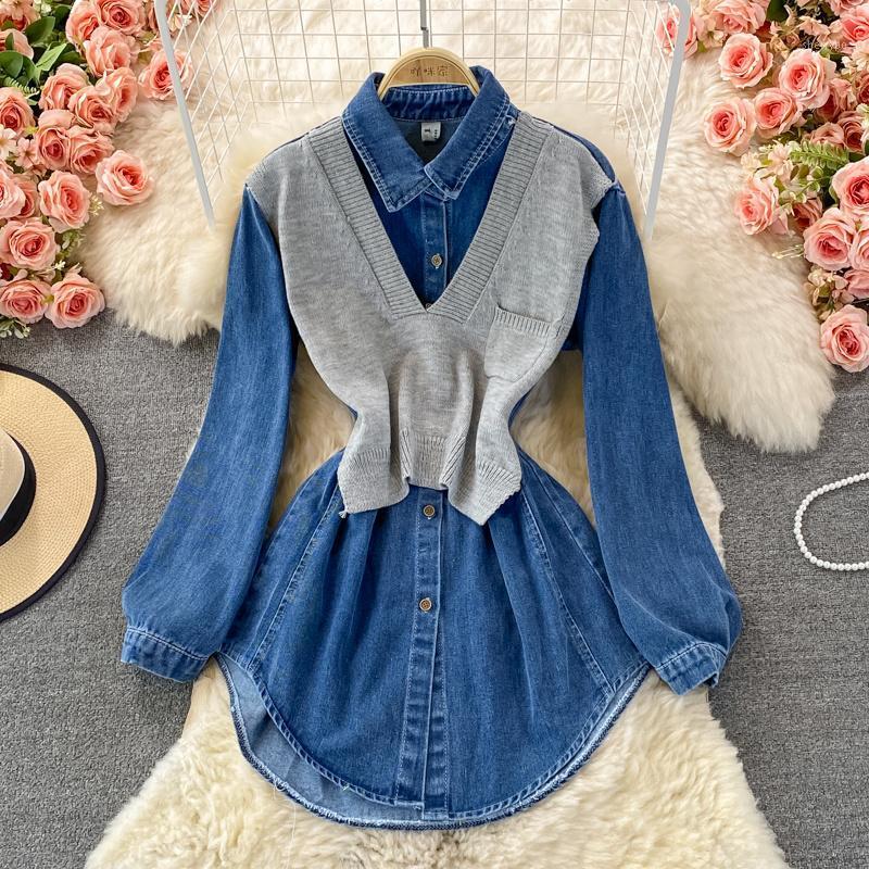 

Women's Blouses & Shirts ZCSMLL Women Denim Knit Patchwork Shirt Turn-down Collar Long Sleeve Fashion Temperament Spring Autumn 2022, Blue