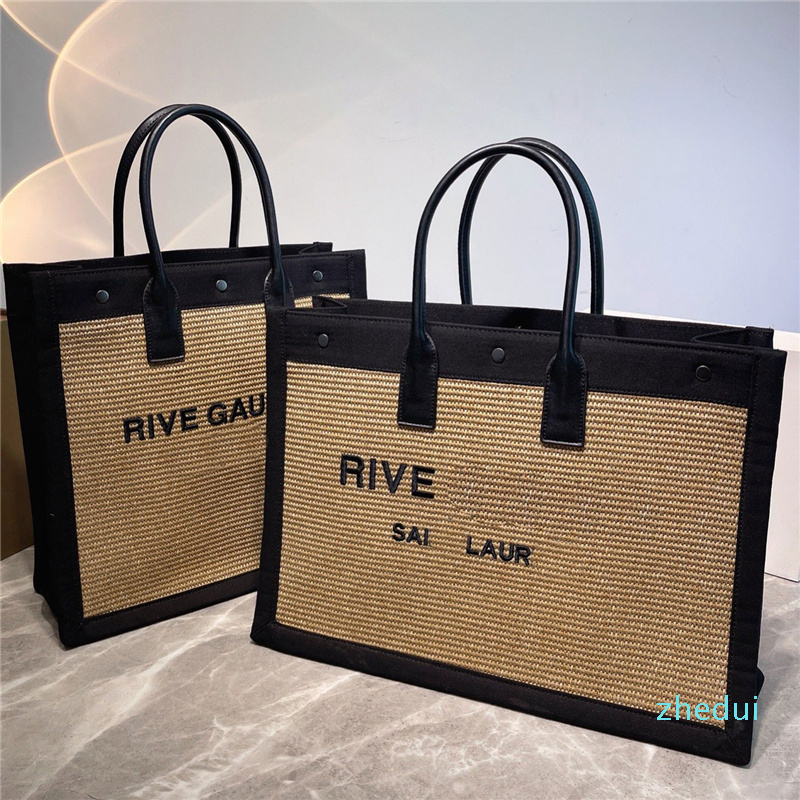 

Straw Tote Bags Shopping Bag Handbag RIVE GAUCHE Shoulder Bag Weave Leather Handles Large Capacity Summer Travel Pocket Printed Letters, #1;transverse:42*32*13cm