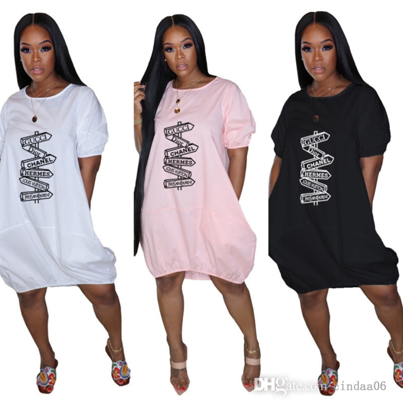 

RETAIL Womens Casual Dresses Letter Printed Bubble Skirt T-shirt Lantern Skirt Short Sleeve Summer Dress, Navy blue