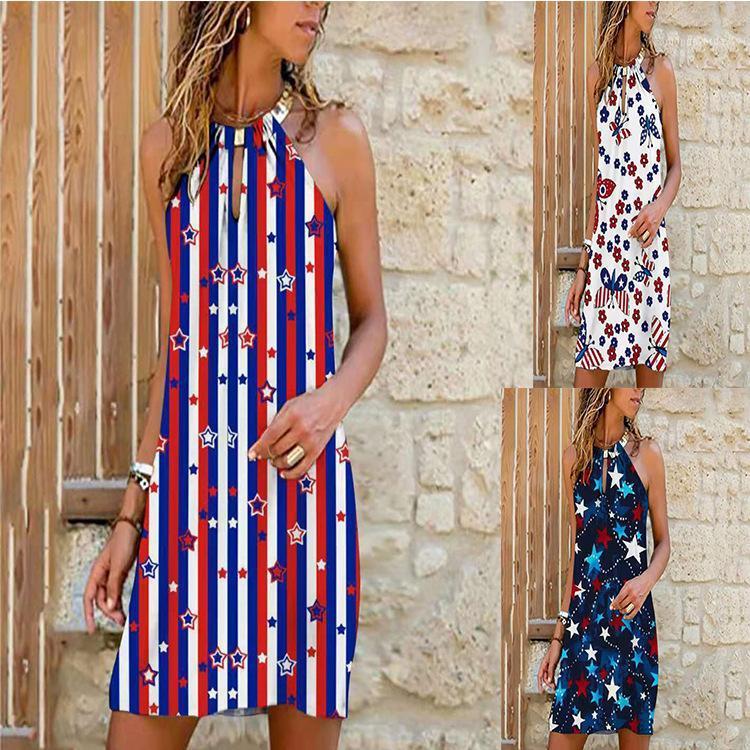 

Casual Dresses Women Mini Sexy Summer Fashion Independence Day Vestidos Metal Hanging Neck Printed Lady Dress Female