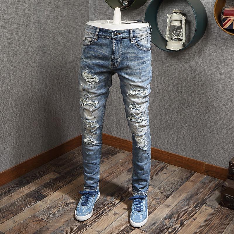 

Men's Jeans Men Destroyed Punk Pants Brand Designer Hip Hop Homme Fashion Light Blue Painted Ripped JeansMen's