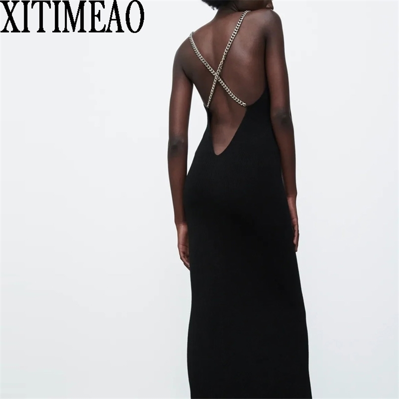 

Xitimeao Summer Woman Slim Knitting Dress Sexy Back Hollowed Out Off Shoulder Sling Chain Decoration Long Dresses 220318, Black