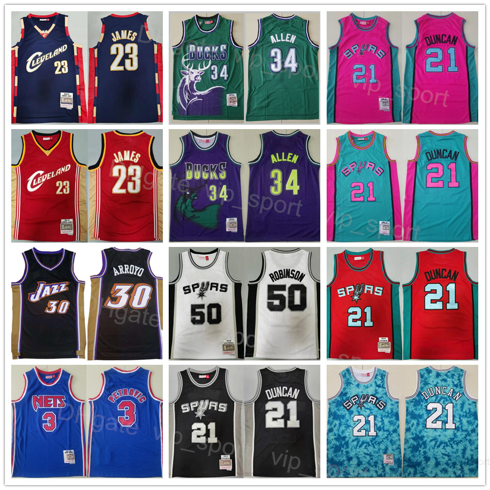 

Mitchell and Ness Basketball Retro Tim Duncan Jersey 21 Vintage David Robinson 50 Carlos Arroyo 30 Drazen Petrovic 3 Ray Allen 34 LeBron James 23 Black White Red Green