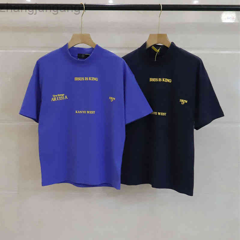 

2023 Designer High Version Fashion Kanyes Jesus Is King Three Gods Oil Painting Fog High Street Loose Short Sleeve T-shirt T Shirts For Men And Women Sport 24SS, Dark blue 908