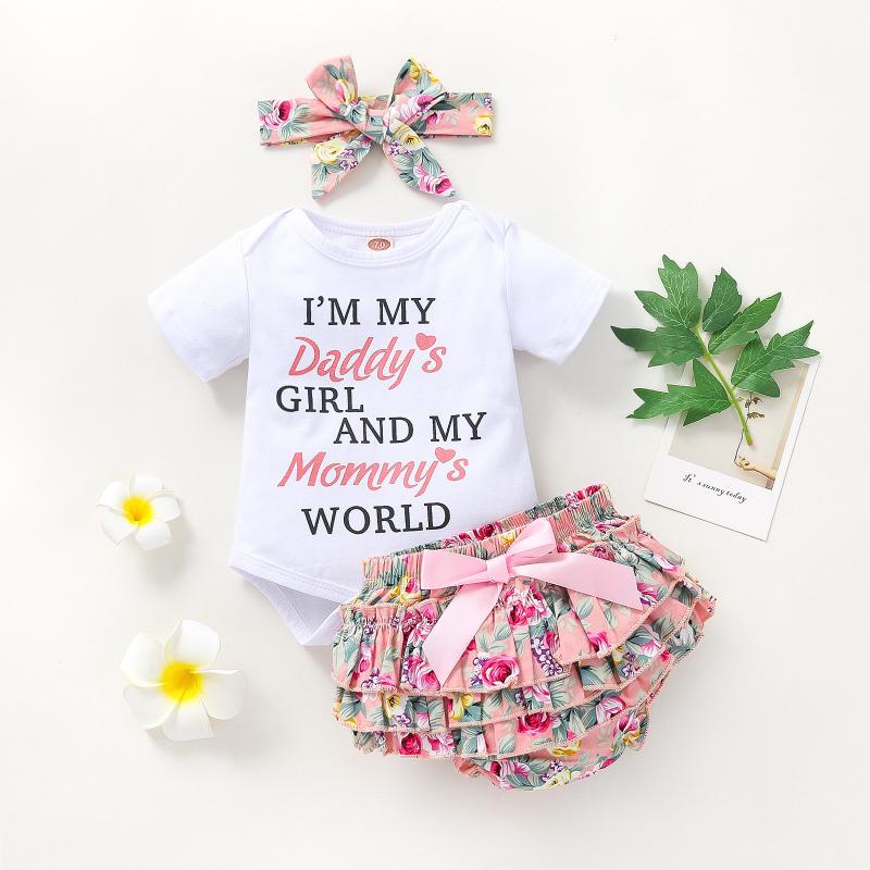 

Clothing Sets Daddys Girl Mommys World Print Short Sleeve Romper Ruffled Floral Bloomers Shorts With Headband Set For Baby ClothesClothing, Red