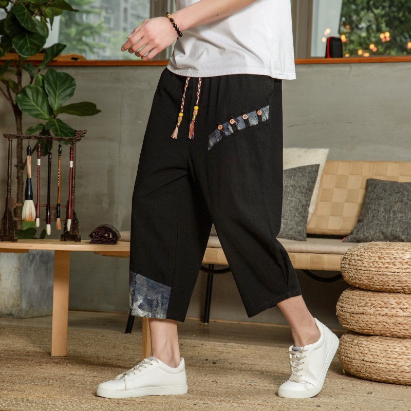 

Japanese pants Linen Harem Pant Men Summer Breathable Cropped Pants for Man Casual Elastic Waist beach Fitness wide leg trousers, Beige