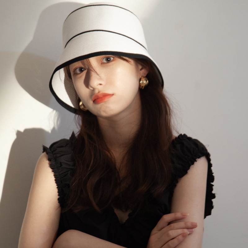 

Straw Bucket Hat Women Black and White Striped Hepburn Style Elegant Paper Luxury Bucket Hat Spring and Summer Beach Hat