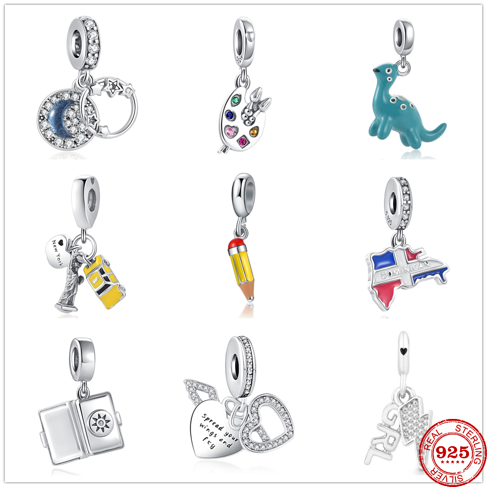 

925 Sterling Silver Dangle Charm New Drawing Board Flying Heart New York Beads Bead Fit Pandora Charms Bracelet DIY Jewelry Accessories