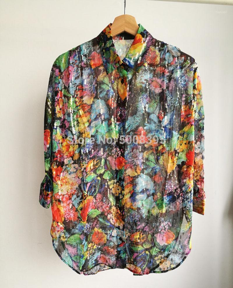 

Women' Blouses & Shirts [ElfStyle] - Japan Night Neon Graffiti Oil Painting SILK SHIRT 3/4 Sleeves Front Button Up Fashion Tops Woman, Multi