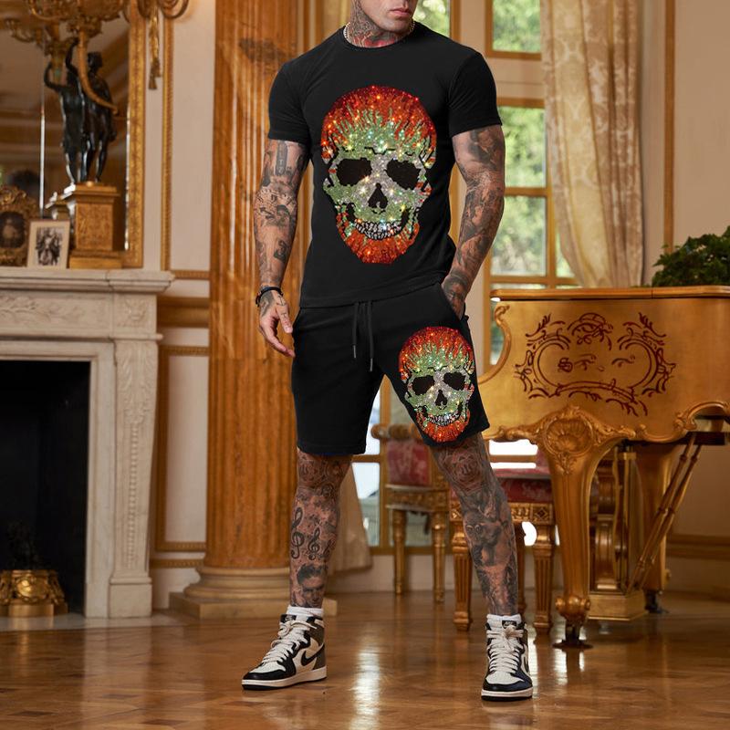 

Men's Tracksuits Fashion Two-Piece Men's Summer T-Shirt Five-Point Pants High-Quality Pure Cotton Design Drill Exclusive Heavy Craft Sui, As shown asian size