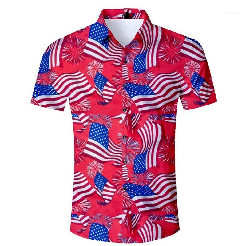 

Summer Fashion Men's Independence Day Printed Short-Sleeved Shirts Button Blouse Size Solid Chemise Homme Z0320 Casual, Red