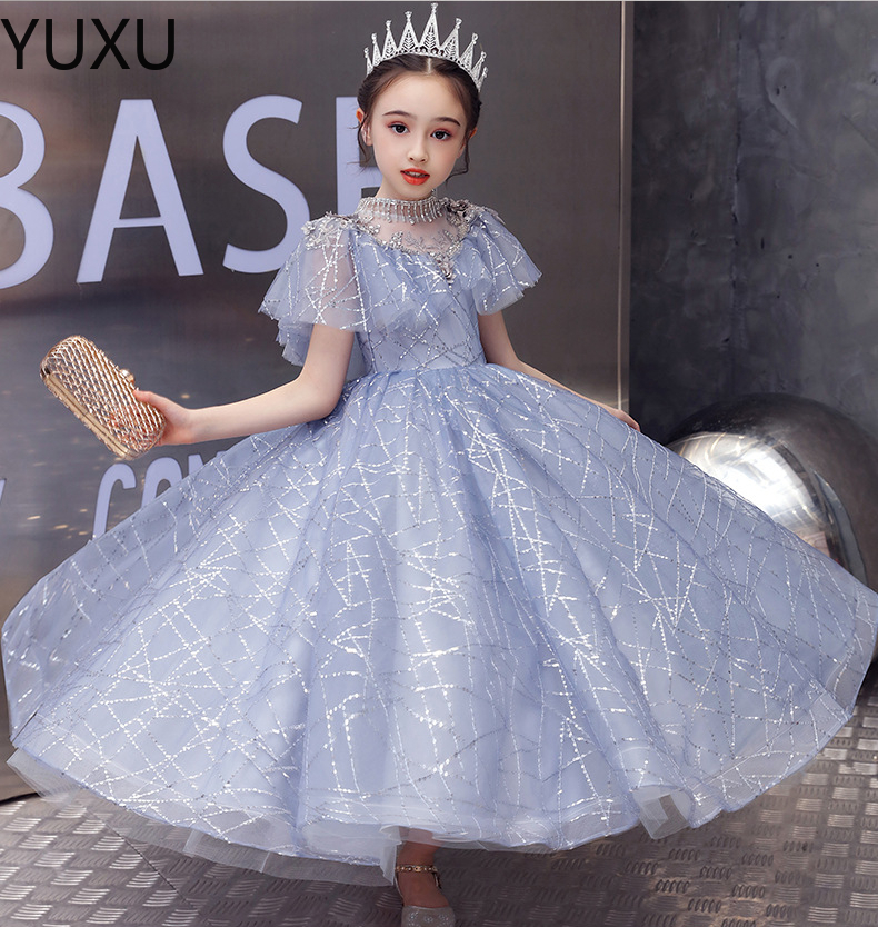 Paillettes bleues fleurs filles Pageant robes col transparent longue robe de bal à paillettes de luxe filles diamant Performance robes de fête d'