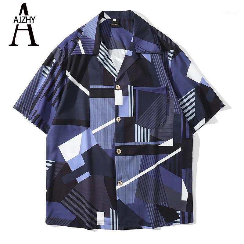 

Geometry Print Summer Shirt For Men Japanese Fashion Beach Hawaiian Striped Streetwear Black Short Sleeve Tops Men's Casual Shirts, Dark grey