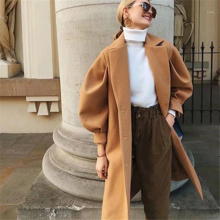 

Women' Wool & Blends Retro Camel Color Bubble Sleeve Belt Waist Long Woolen Winter Coat For Women