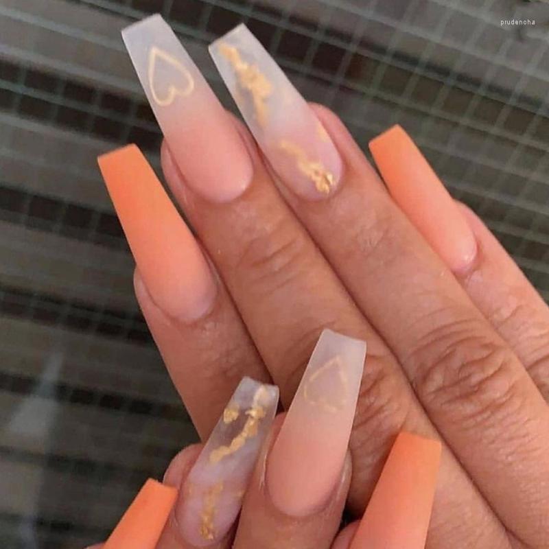 

False Nails Detachable Heart Long Coffin Wearable Orange Love Gradient Ballerina Fake Full Cover Nail Tips Press On Prud22, A9