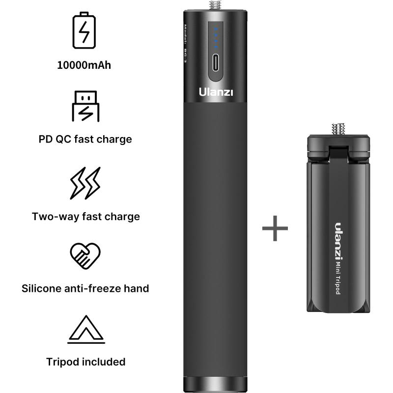 

Tripods Ulanzi BG-3 10000/6800mAh Power Bank Hand Grip USB-A Type-C Dual Charging Ports For Smartphone Digital/ Mirrorless Camera