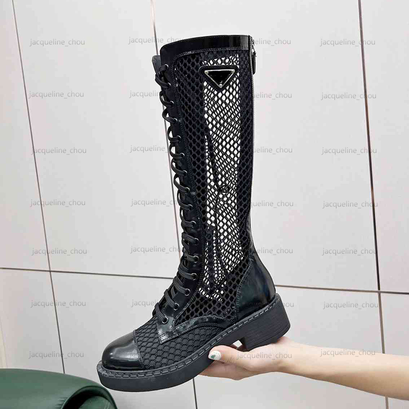 

Summer Womens Boots Sandales Designer Fishing Net Real Leather Knee High Boot Woman Platform Motorcycle Booties Back Zipper Black White, Wear sticker