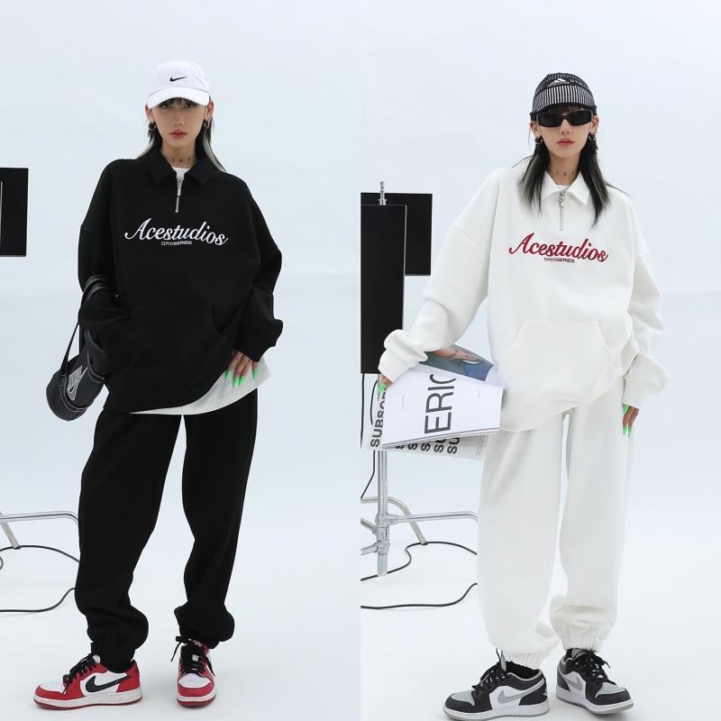 

Women's Two Piece Pants Tracksuit Set Women Autumn Long Sleeve Zipper Hoodies Joggers Loose Oversized Outfits Matching Suit Streetwear, Black pant