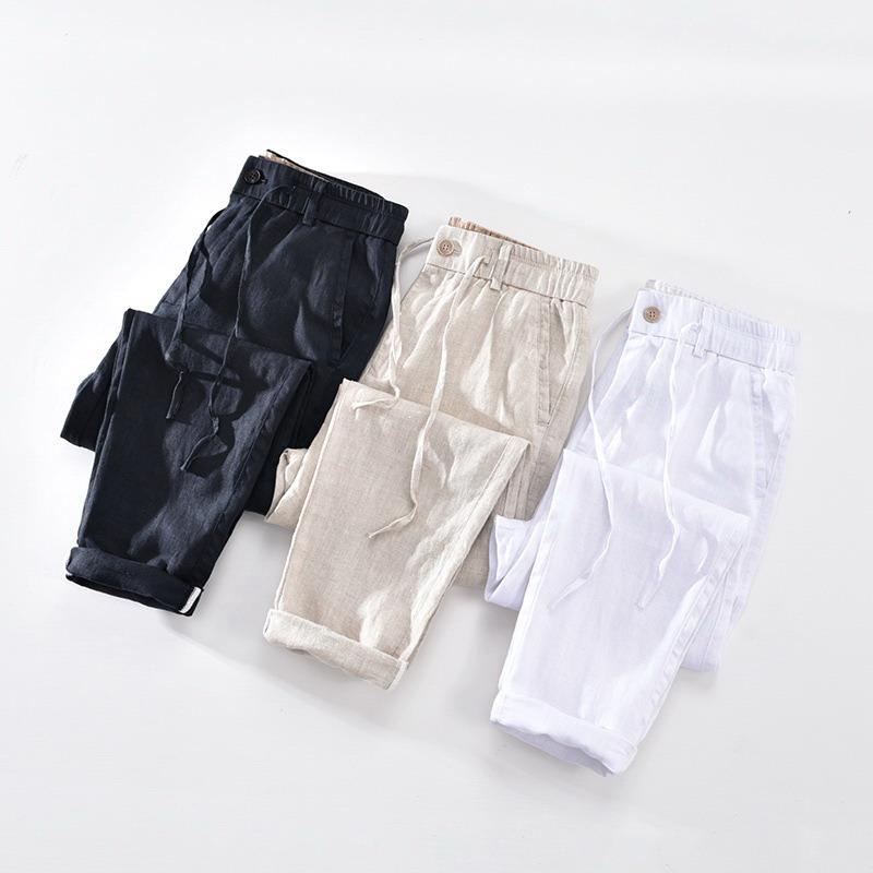 

Men's Pants Linen Casual Nine-point Men's Elastic Waist Tie Slightly Loose Straight Solid Color Pure Male 1307Men's, White