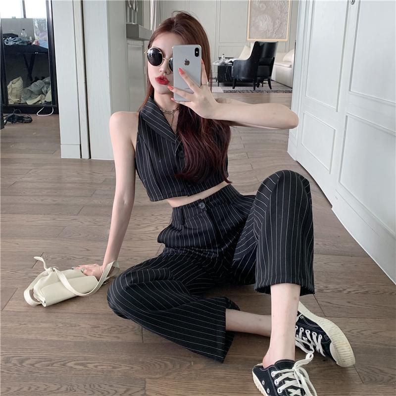 

Women' Two Piece Pants Loose Striped Tailored Trousers Wide Leg Pant Suits Lapel Sleeveless Black Blazer Vest Thin Jacket Office Lady Sexy, 2set