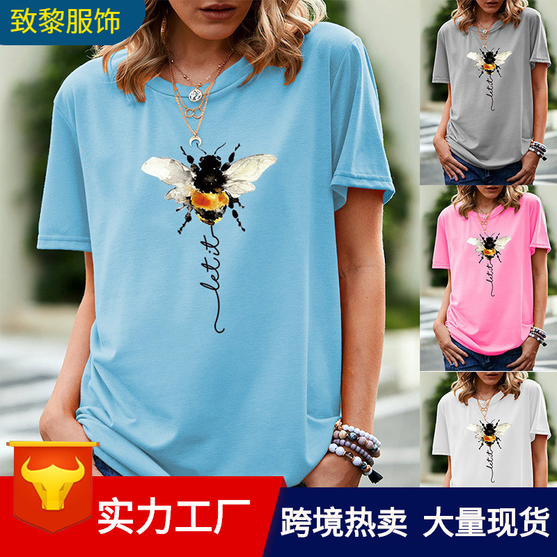 

European and American bee fun pattern printed short sleeve T shirt women s fashion round collar large size leisure loose, Pink