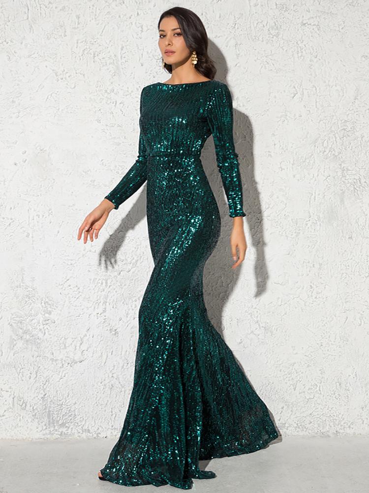 

Party Dresses Modest Green Long Sleeve Mermaid Sequin Evening Gown Burgundy O Neck Stretch Wedding Formal Maxi Dress Winter WomenParty, Red