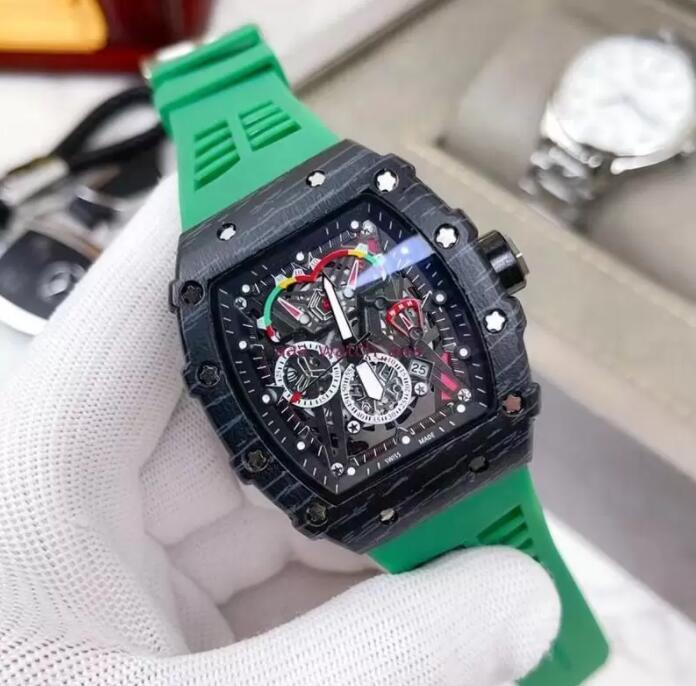 Montre de luxe professionnelle montres cadran noir heure jour bracelet en caoutchouc noir mécanique automatique