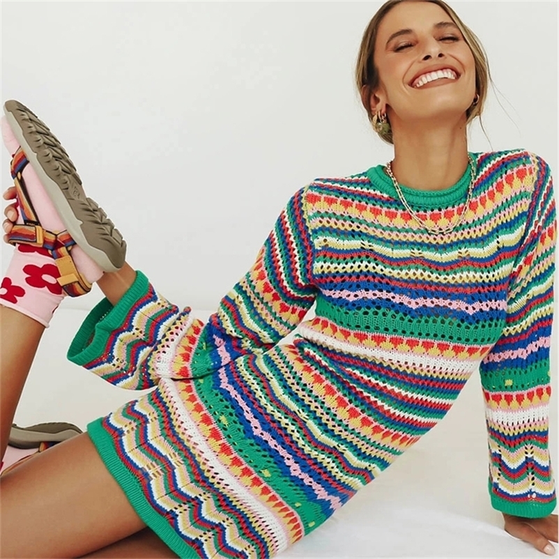 

wsevypo Bohemian Color Block Striped Knit Crochet Sweaters Dress Autumn Women  Long Sleeve Crew Neck Mini Bodycon 220614
