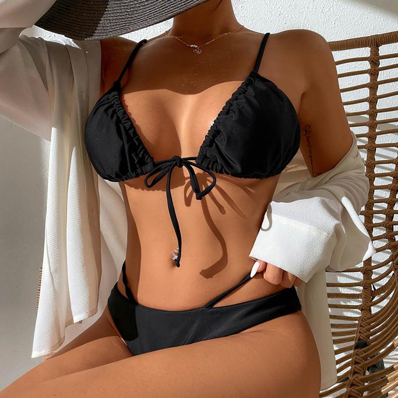 

Women' Swimwear Bathing For Women Sexy Solid Brazilian Bikini Set 2022 Fashion Ladies Lace Up Suit Split Swimsuit Casual Beach Biquini, Black