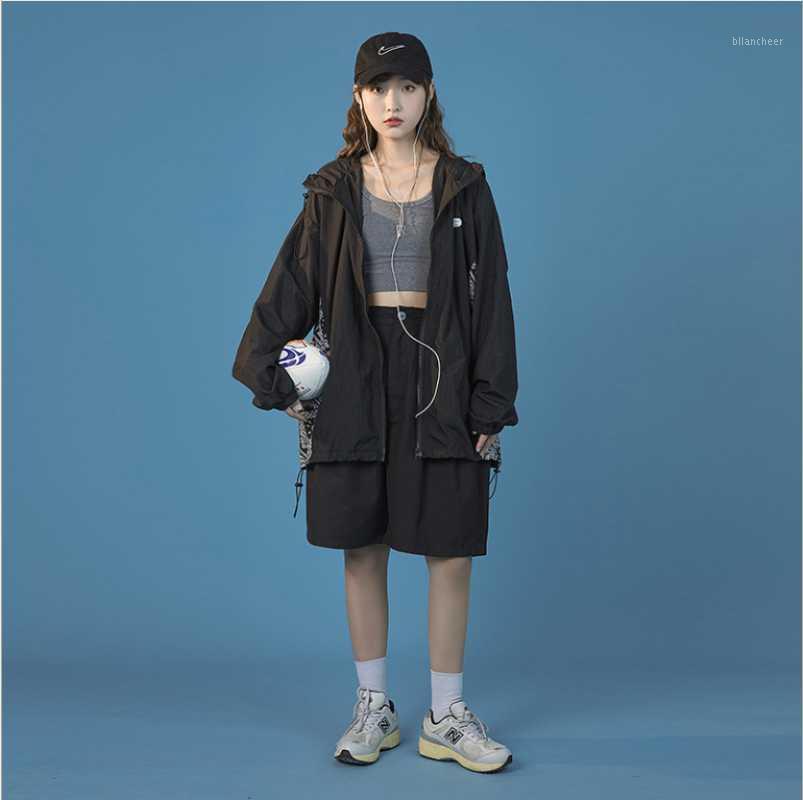 

Women' Jackets Summer Cool Simple Hooded Female Printing Jacket Spring Fall Korea Style Sports Loose Ladies Coat Black White Blue Outerwear