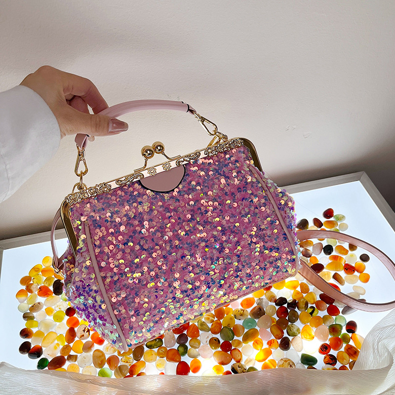 

Wholesale factory ladies leather shoulder bags sweet little fresh sequined shell bag street color fashion handbags Joker metal buckle handbag in summer, Pink-5355