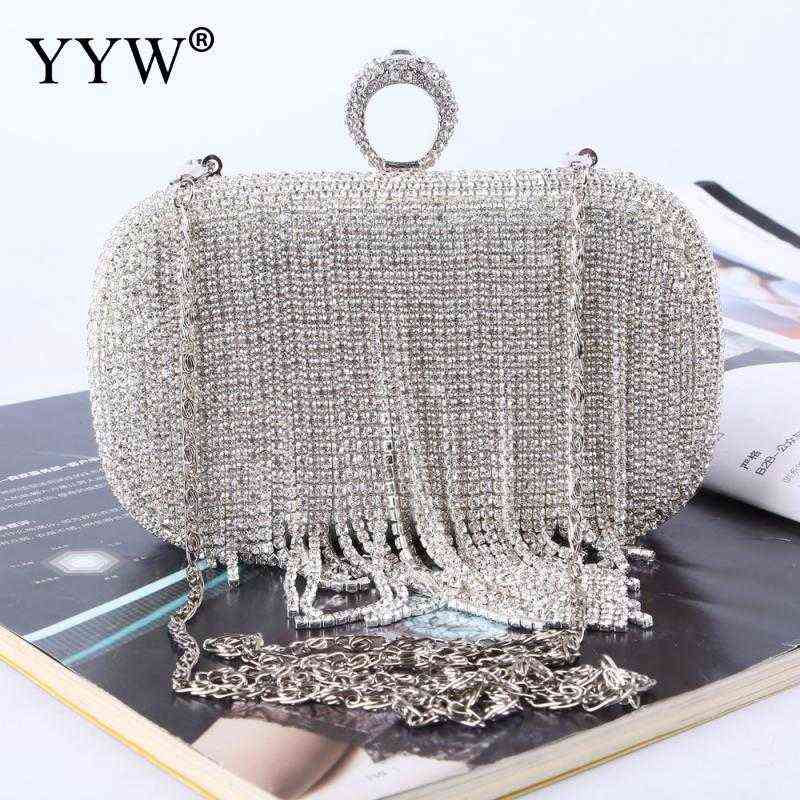 

Rhinestone Tassels Ring Clutch Bag Women Vintage Shoulder Clutches Purse Female Sliver Fashion Party Wedding Chain Evening Bags T220727, Multicolor silver