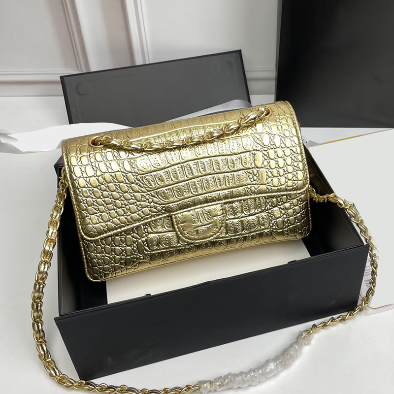 

2022Ss F/W Classic Double Flap Alligator Calfskin Bags Gold/Black/Silver GHW Metal Hardware Matelasse Chain Crossbody Dhoulder Pursde Multi Pochette Handbags 25CM, Box